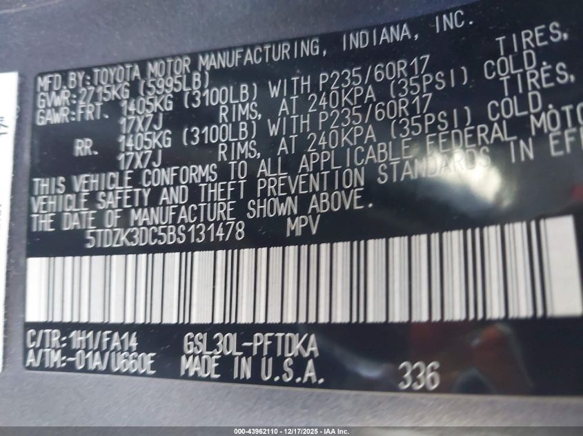 2011 Toyota Sienna Base V6 VIN: 05TDZK3DC5BS13147 Lot: 43962110