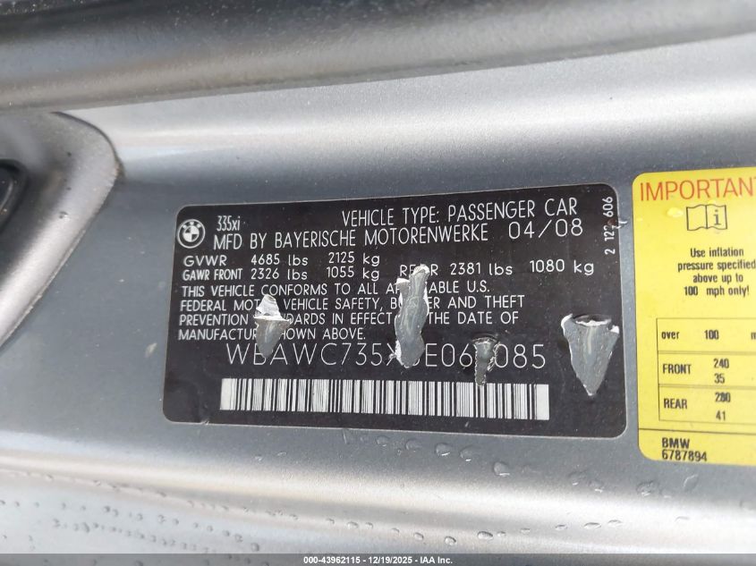 2008 BMW 335Xi VIN: WBAWC735X8E063085 Lot: 43962115