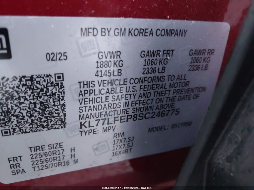 2025 Chevrolet Trax Fwd Ls VIN: KL77LFEP8SC246775 Lot: 43962117