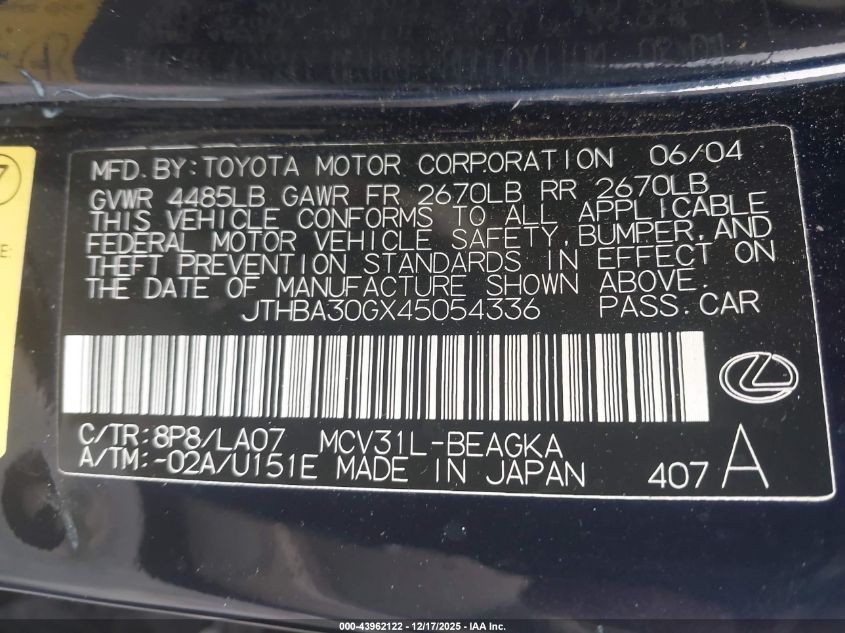 2004 Lexus Es 330 VIN: JTHBA30GX45054336 Lot: 43962122