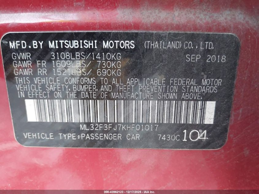 2019 Mitsubishi Mirage G4 Es VIN: ML32F3FJ7KHF01017 Lot: 43962123