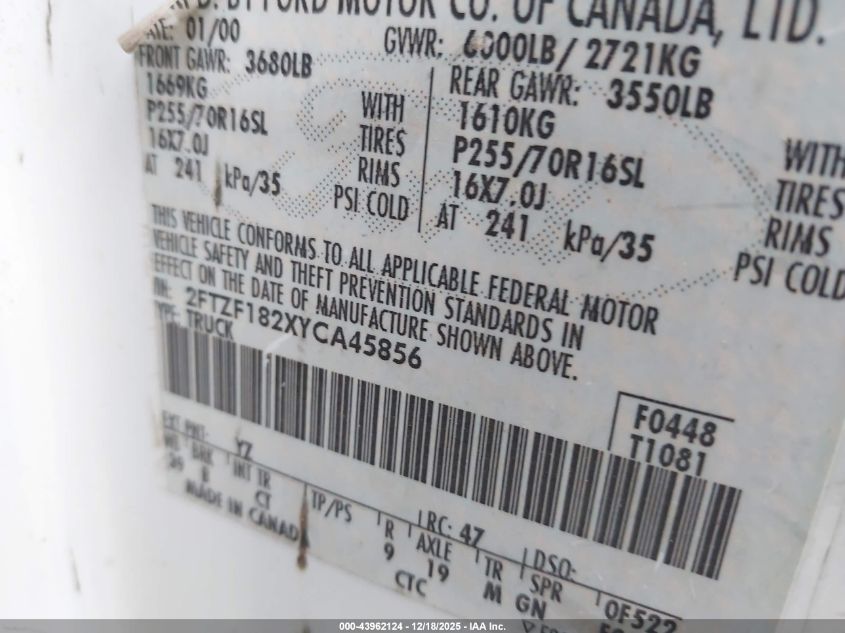 2000 Ford F-150 Work Series/Xl/Xlt VIN: 2FTZF182XYCA45856 Lot: 43962124