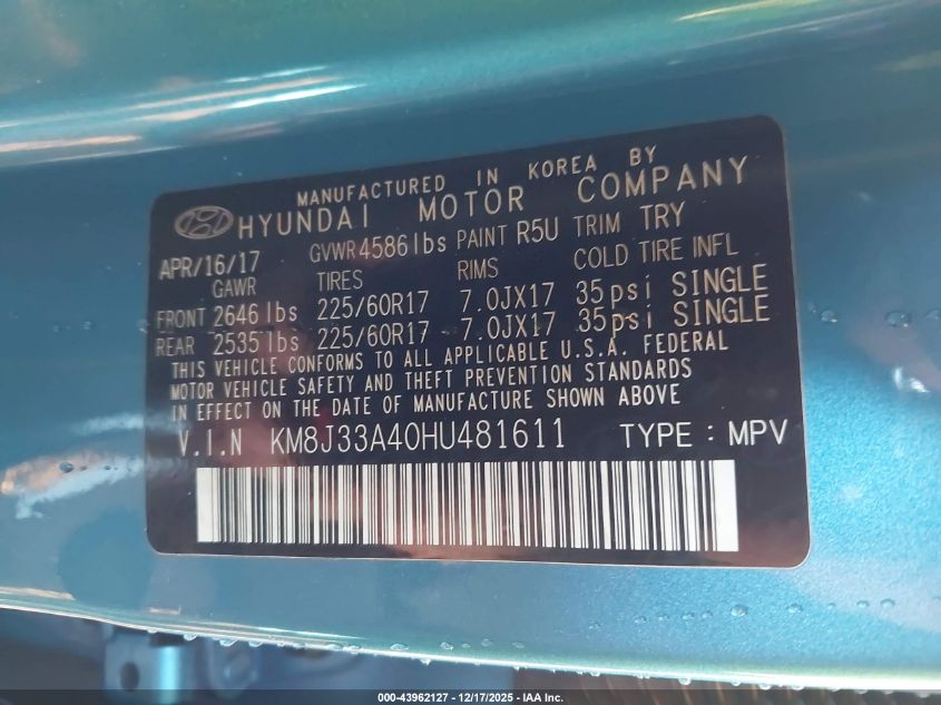 2017 Hyundai Tucson Se Plus VIN: KM8J33A40HU481611 Lot: 43962127