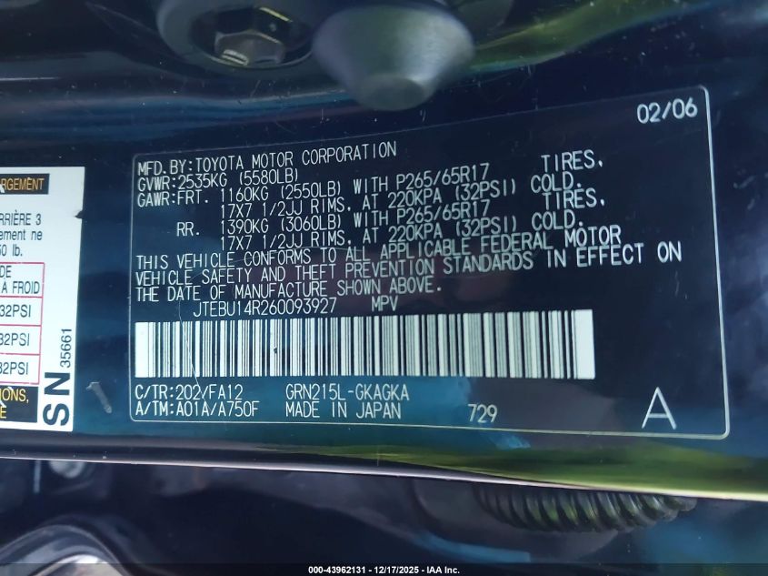 2006 Toyota 4Runner Sr5 V6 VIN: JTEBU14R260093927 Lot: 43962131