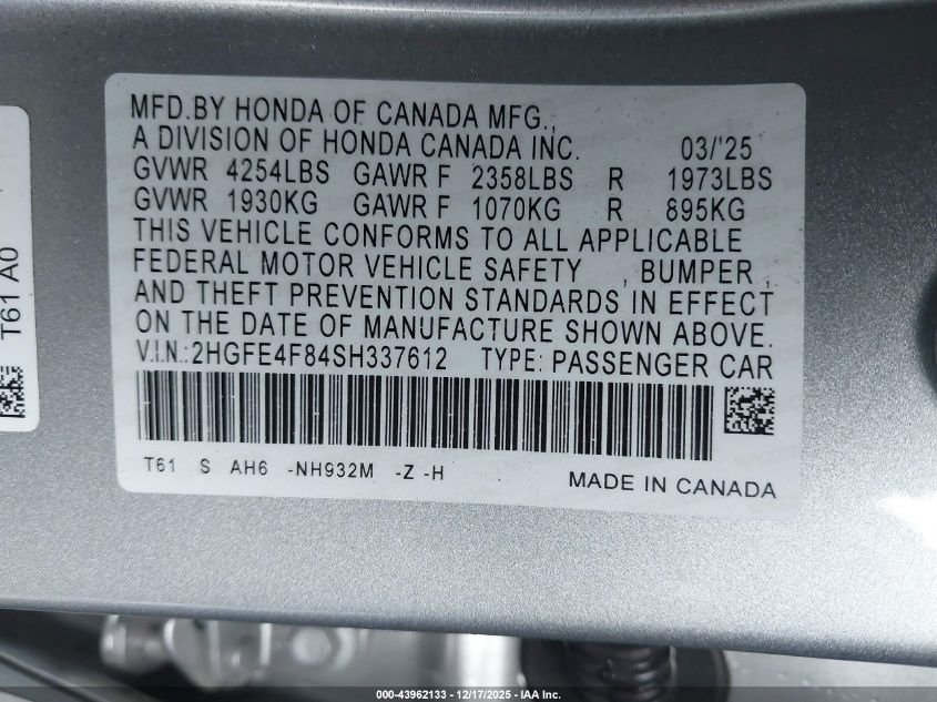 2025 Honda Civic Hybrid Sport/Sport Touring VIN: 2HGFE4F84SH337612 Lot: 43962133