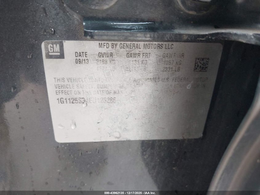 2014 Chevrolet Impala 2Lt VIN: 1G1125S34EU125286 Lot: 43962135