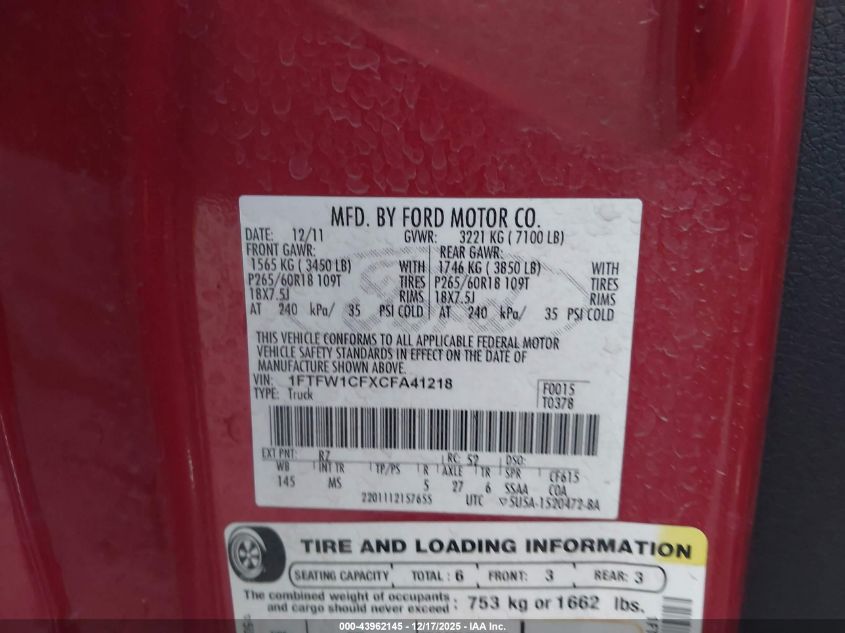 2012 Ford F-150 Xlt VIN: 1FTFW1CFXCFA41218 Lot: 43962145
