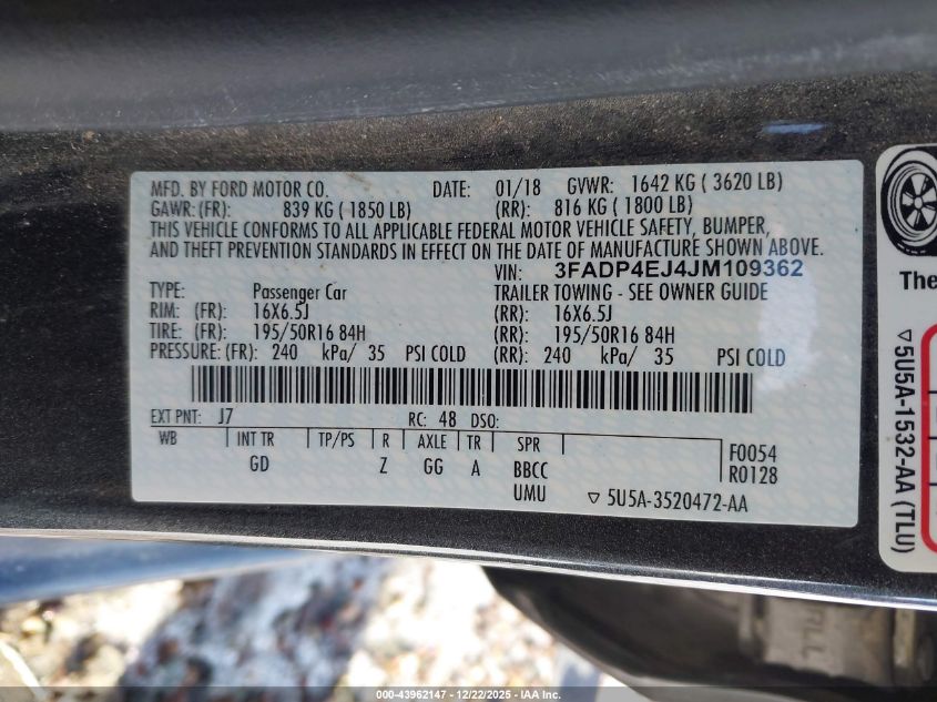 2018 Ford Fiesta Se VIN: 3FADP4EJ4JM109362 Lot: 43962147