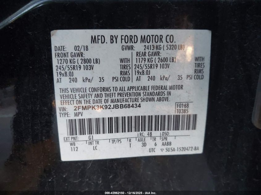 2018 Ford Edge Titanium VIN: 2FMPK3K92JBB68434 Lot: 43962150