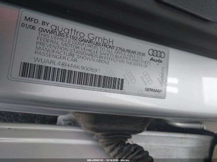 2006 Audi S4 VIN: WUARL48H46K900691 Lot: 43962152