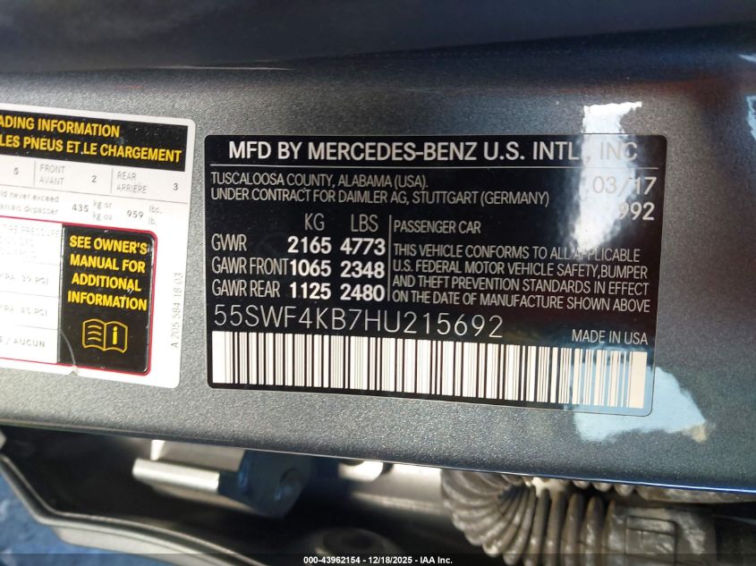 2017 Mercedes-Benz C 300 4Matic VIN: 55SWF4KB7HU215692 Lot: 43962154