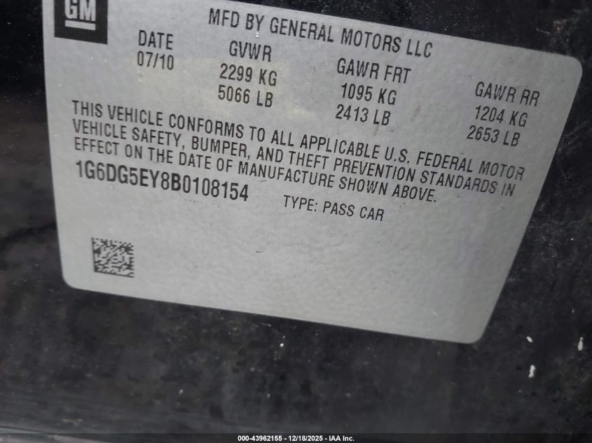 2011 Cadillac Cts Luxury VIN: 1G6DG5EY8B0108154 Lot: 43962155