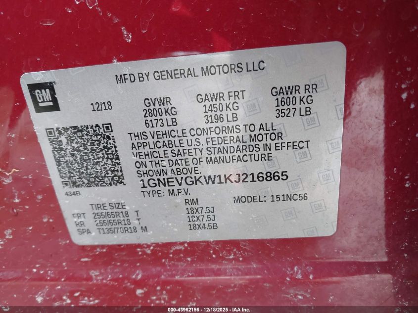 2019 Chevrolet Traverse 1Lt VIN: 1GNEVGKW1KJ216865 Lot: 43962156