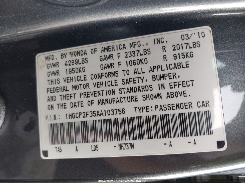 2010 Honda Accord 2.4 Lx VIN: 1HGCP2F35AA103756 Lot: 43962157