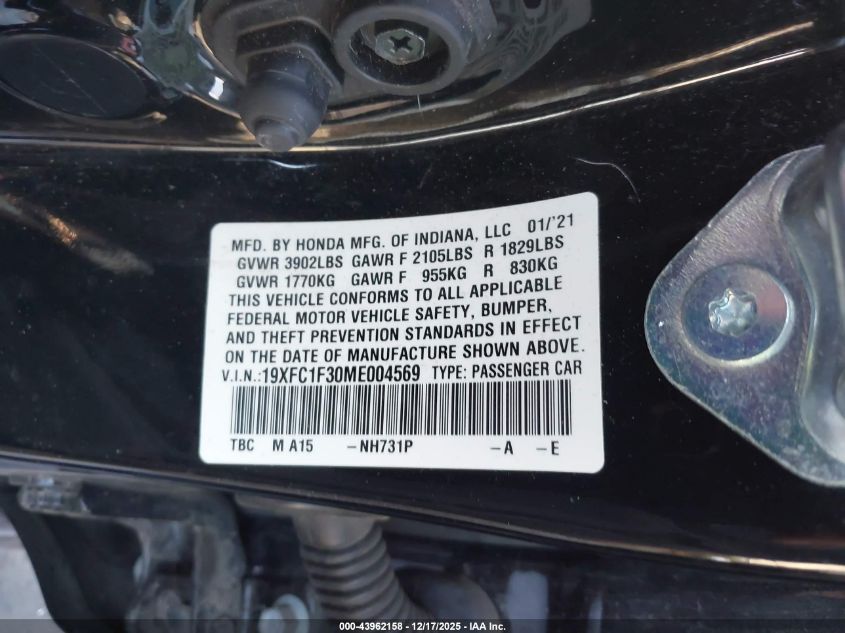2021 Honda Civic Ex VIN: 19XFC1F30ME004569 Lot: 43962158