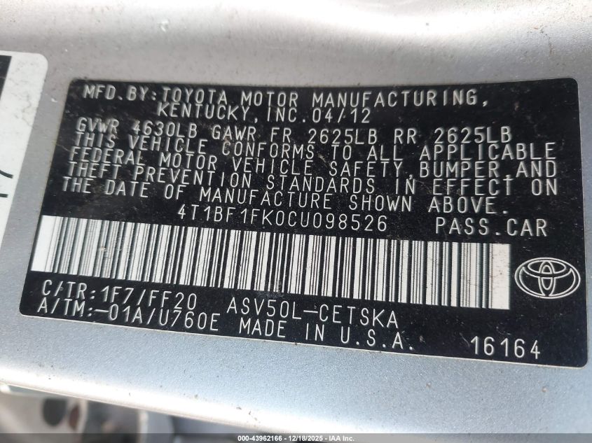 2012 Toyota Camry Se VIN: 4T1BF1FK0CU098526 Lot: 43962166