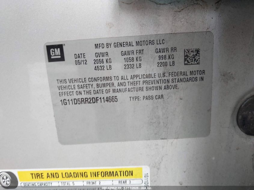 2013 Chevrolet Malibu Eco VIN: 1G11D5RR2DF114665 Lot: 43962169