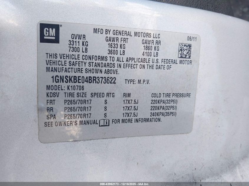 2011 Chevrolet Tahoe Lt VIN: 1GNSKBE04BR373622 Lot: 43962173