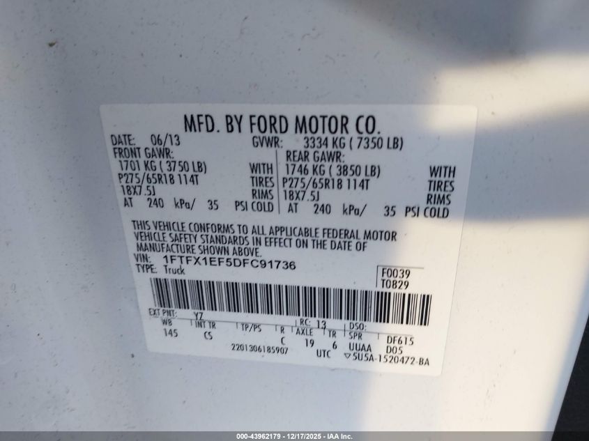 2013 Ford F-150 Stx VIN: 1FTFX1EF5DFC91736 Lot: 43962179