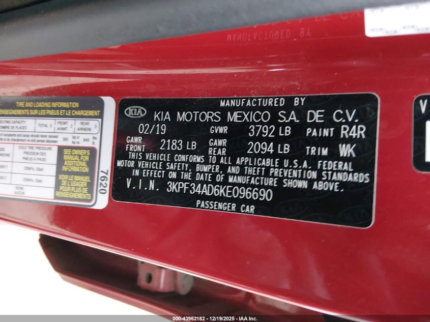 2019 Kia Forte S VIN: 3KPF34AD6KE096690 Lot: 43962182