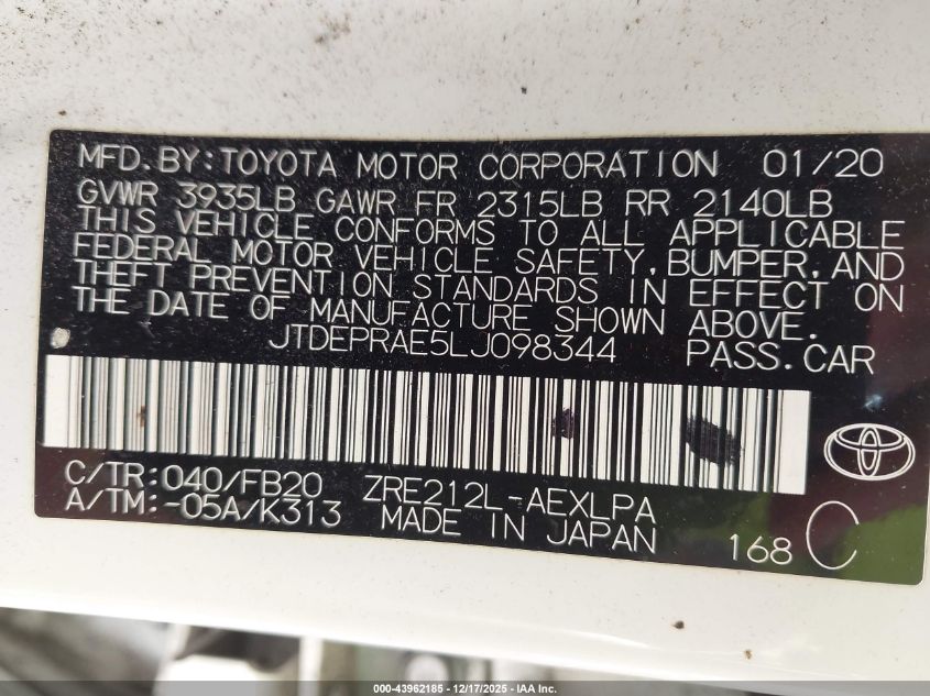 2020 Toyota Corolla Le VIN: JTDEPRAE5LJ098344 Lot: 43962185