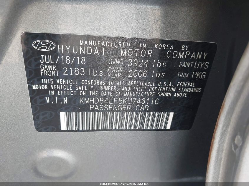 2019 Hyundai Elantra Sel VIN: KMHD84LF5KU743116 Lot: 43962187