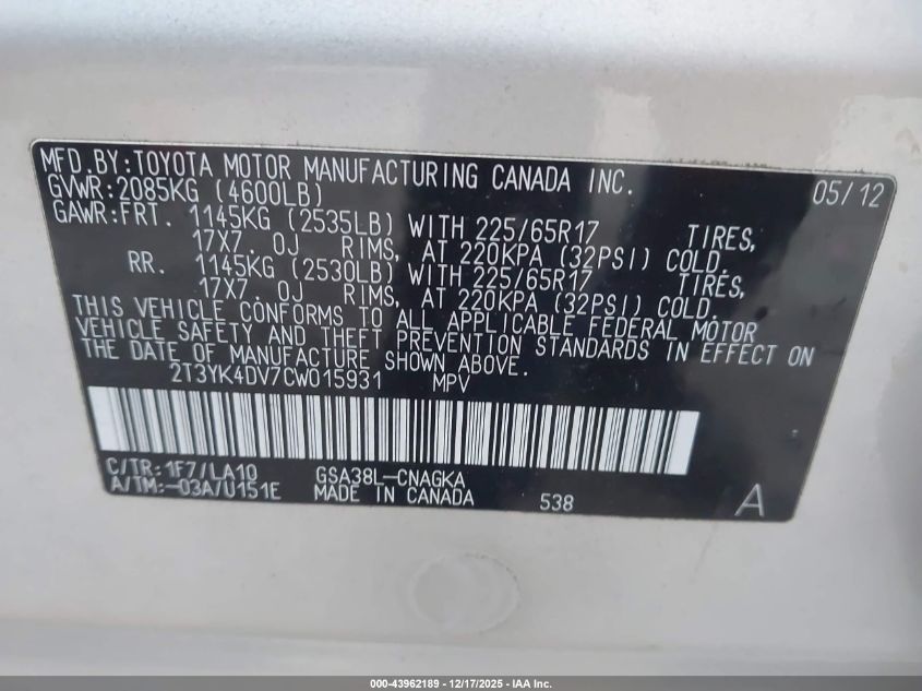 2012 Toyota Rav4 Limited V6 VIN: 2T3YK4DV7CW015931 Lot: 43962189