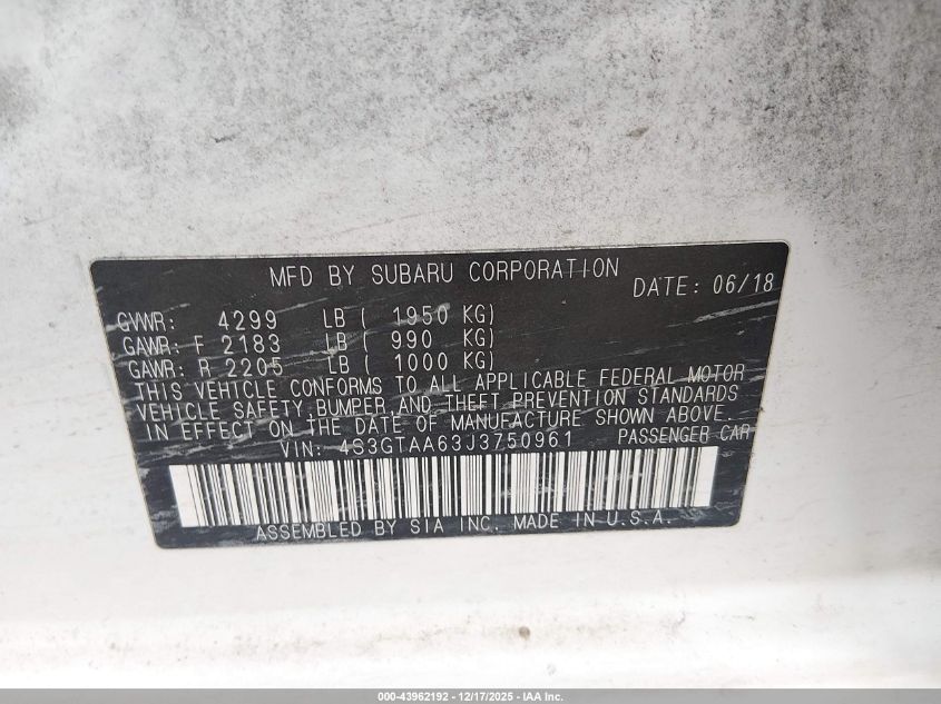 2018 Subaru Impreza 2.0I VIN: 4S3GTAA63J3750961 Lot: 43962192