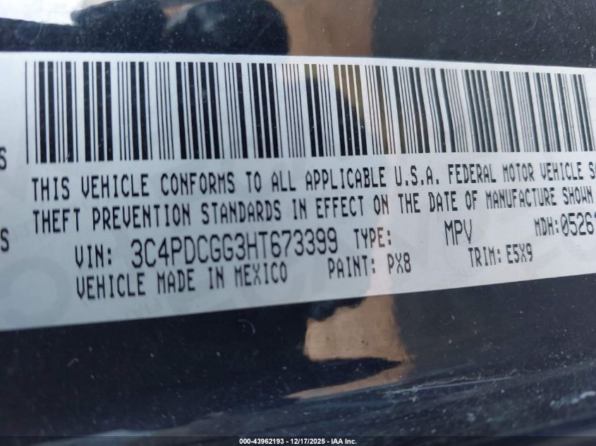 2017 Dodge Journey Crossroad VIN: 3C4PDCGG3HT673399 Lot: 43962193