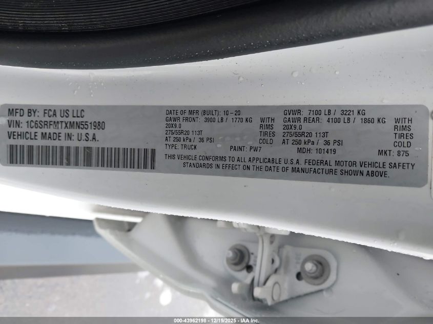 2021 Ram 1500 Big Horn 4X4 6'4 Box VIN: 1C6SRFMTXMN551980 Lot: 43962198