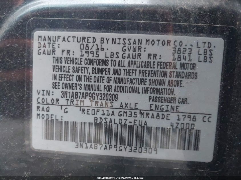 2016 Nissan Sentra Sv VIN: 3N1AB7AP9GY320309 Lot: 43962201