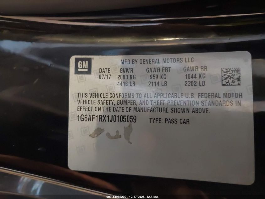 2018 Cadillac Ats Luxury VIN: 1G6AF1RX1J0105059 Lot: 43962202