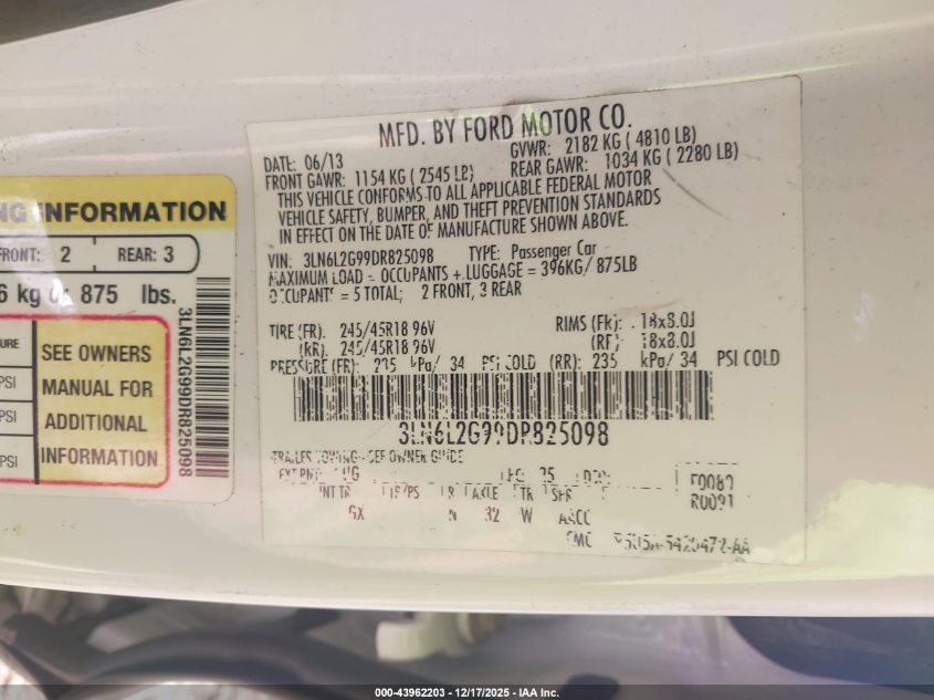 2013 Lincoln Mkz VIN: 3LN6L2G99DR825098 Lot: 43962203