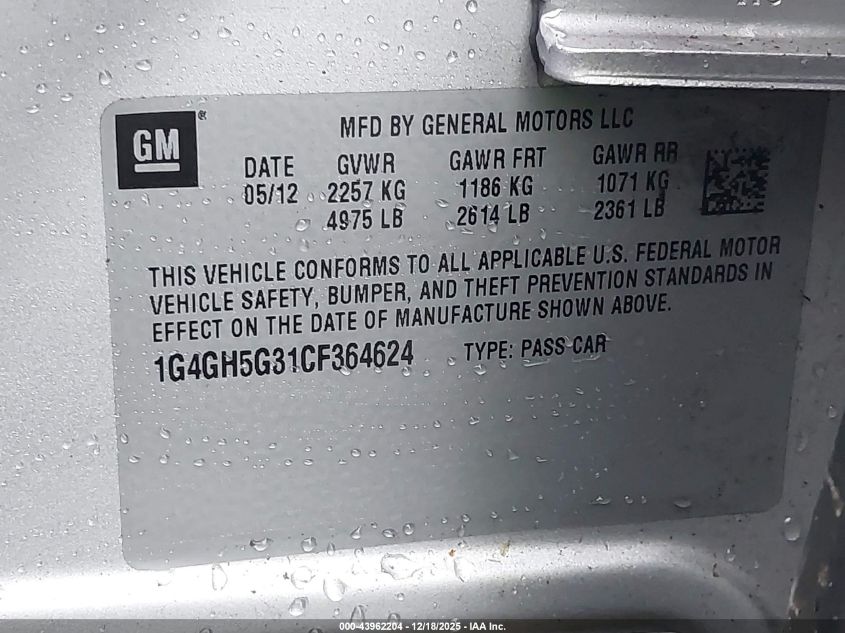 2012 Buick Lacrosse Premium 3 Group VIN: 1G4GH5G31CF364624 Lot: 43962204