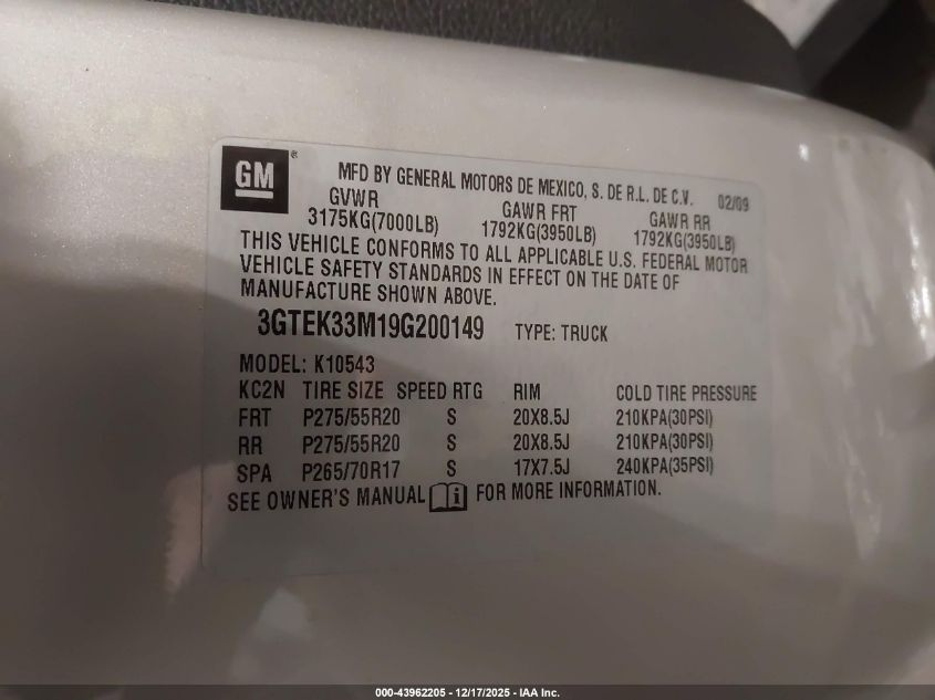 2009 GMC Sierra 1500 Slt VIN: 3GTEK33M19G200149 Lot: 43962205
