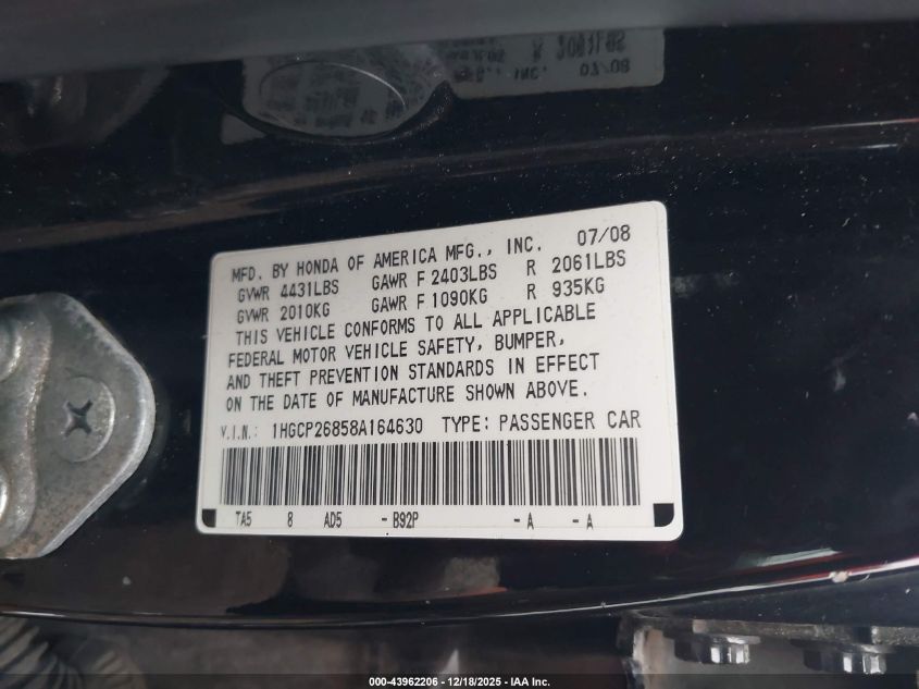 2008 Honda Accord 2.4 Ex-L VIN: 1HGCP26858A164630 Lot: 43962206