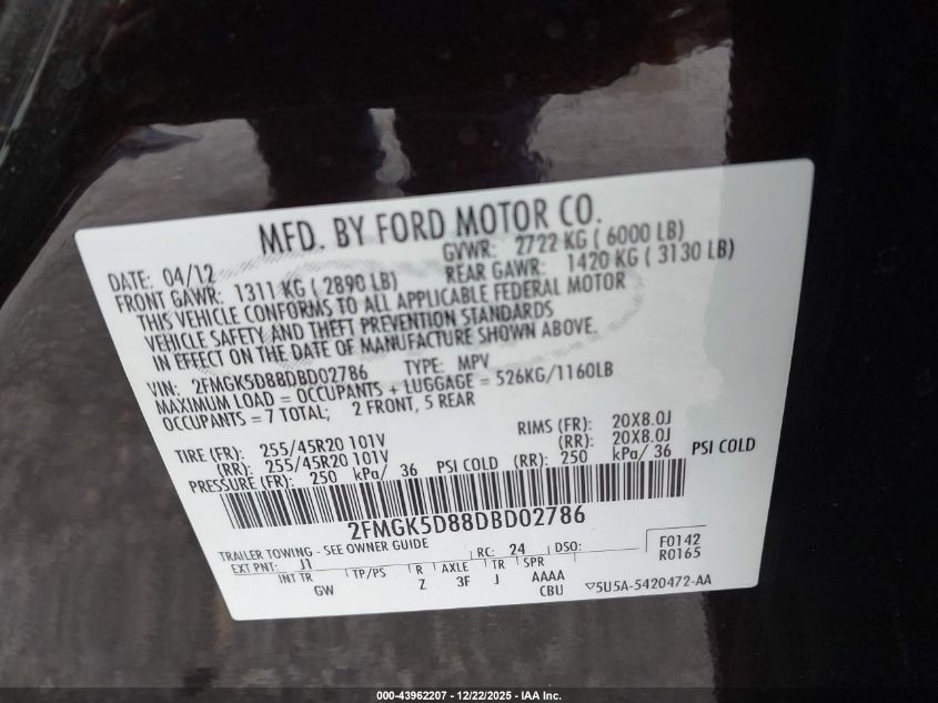 2013 Ford Flex Limited VIN: 2FMGK5D88DBD02786 Lot: 43962207