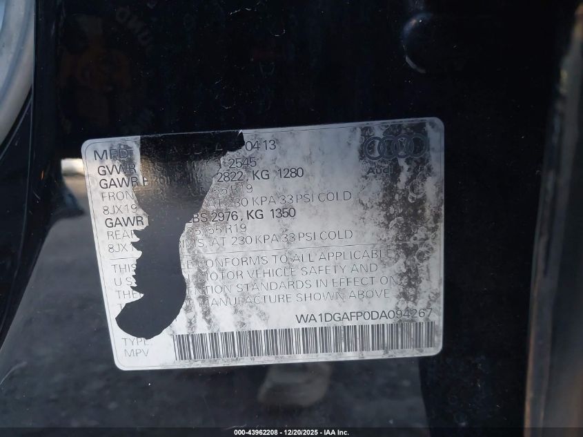 2013 Audi Q5 3.0T Premium Plus VIN: WA1DGAFP0DA094267 Lot: 43962208