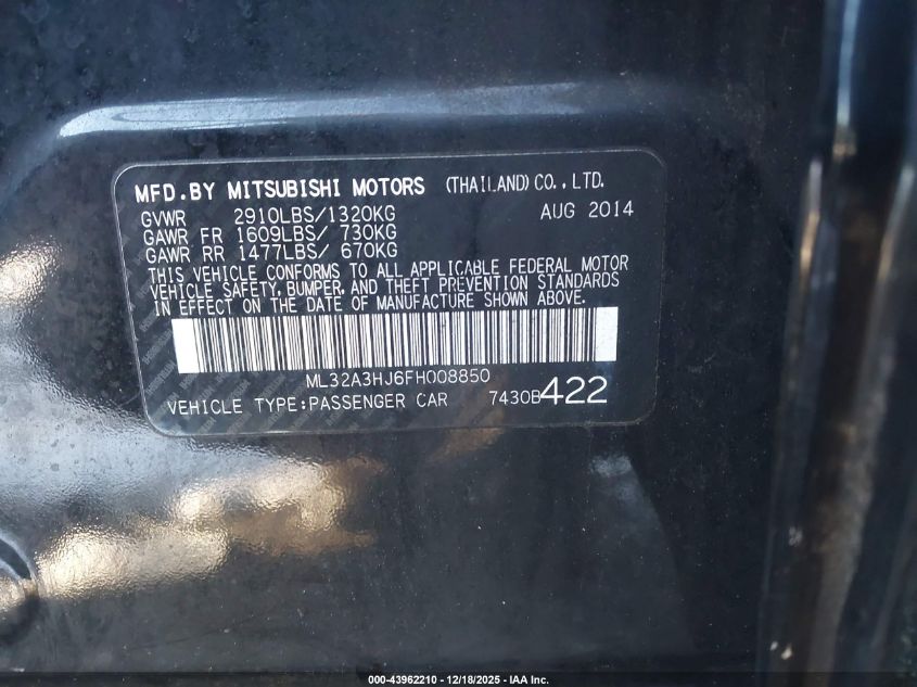 2015 Mitsubishi Mirage De/Rf VIN: ML32A3HJ6FH008850 Lot: 43962210