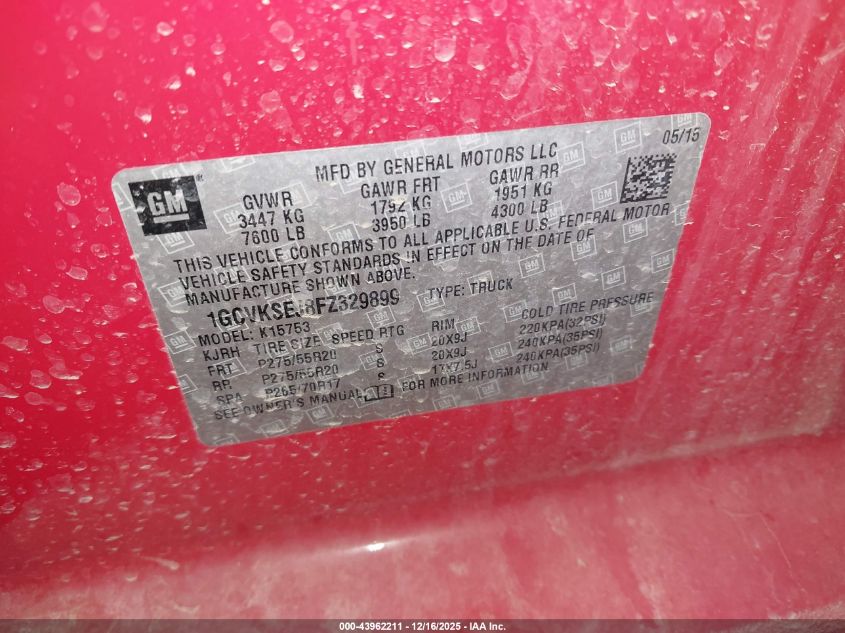 2015 Chevrolet Silverado 1500 1Lz VIN: 1GCVKSEJ8FZ329899 Lot: 43962211