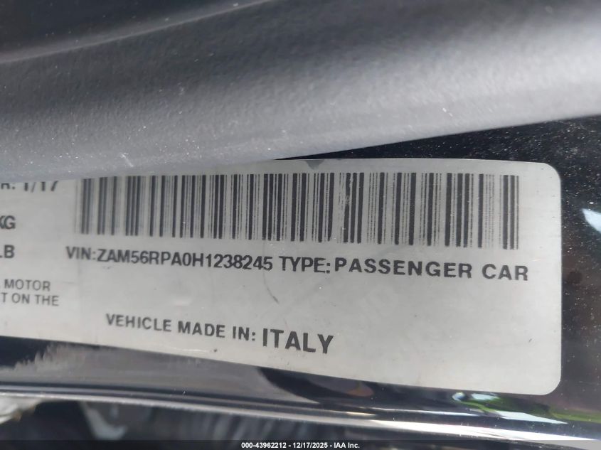2017 Maserati Quattroporte S VIN: ZAM56RPA0H1238245 Lot: 43962212