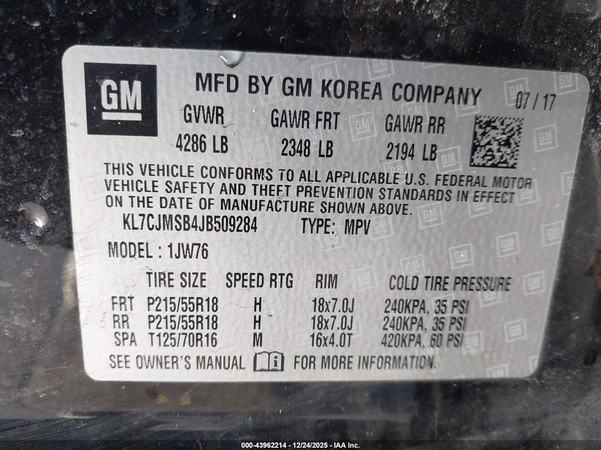 2018 Chevrolet Trax Premier VIN: KL7CJMSB4JB509284 Lot: 43962214