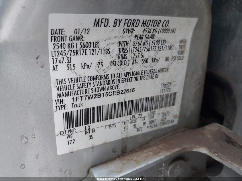 2012 Ford F-250 Xlt VIN: 1FT7W2BT5CEB22618 Lot: 43962217