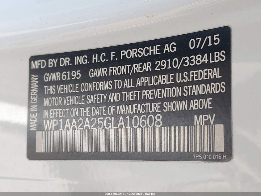 2016 Porsche Cayenne VIN: WP1AA2A25GLA10608 Lot: 43962219