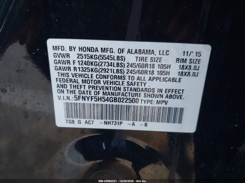 2016 Honda Pilot Ex-L VIN: 5FNYF5H54GB022500 Lot: 43962221