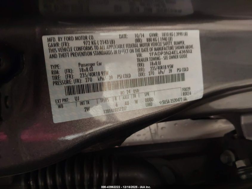 2014 Ford Focus Titanium VIN: 1FADP3N24EL436502 Lot: 43962222