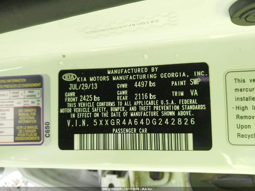 2013 Kia Optima Sx VIN: 5XXGR4A64DG242826 Lot: 43962225