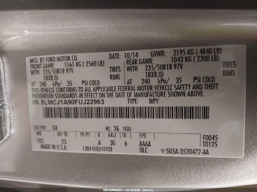 2015 Lincoln Mkc VIN: 5LMCJ1A90FUJ22963 Lot: 43962227