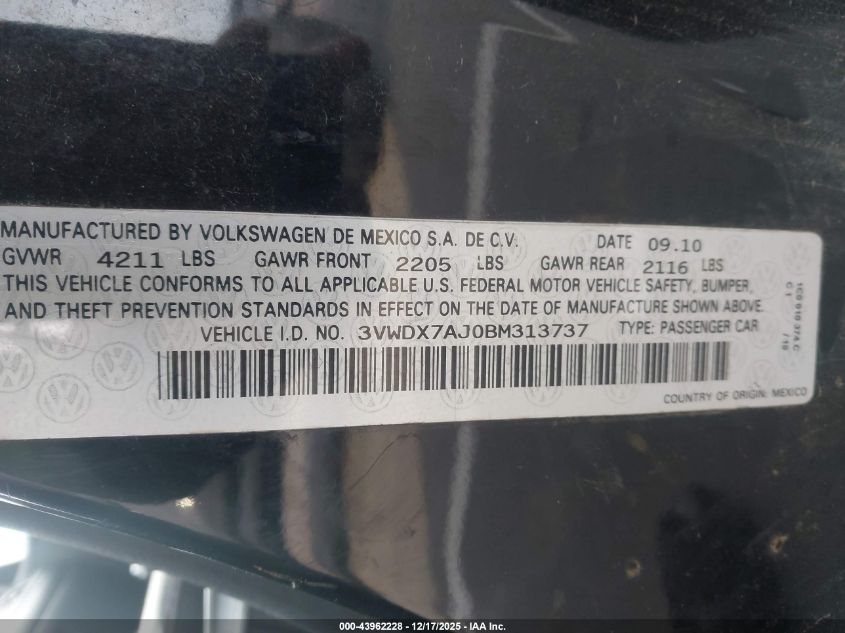 2011 Volkswagen Jetta 2.5L Se VIN: 3VWDX7AJ0BM313737 Lot: 43962228