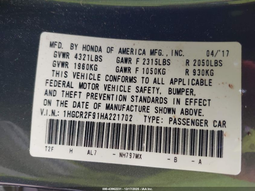 2017 Honda Accord Ex-L VIN: 1HGCR2F91HA221702 Lot: 43962231